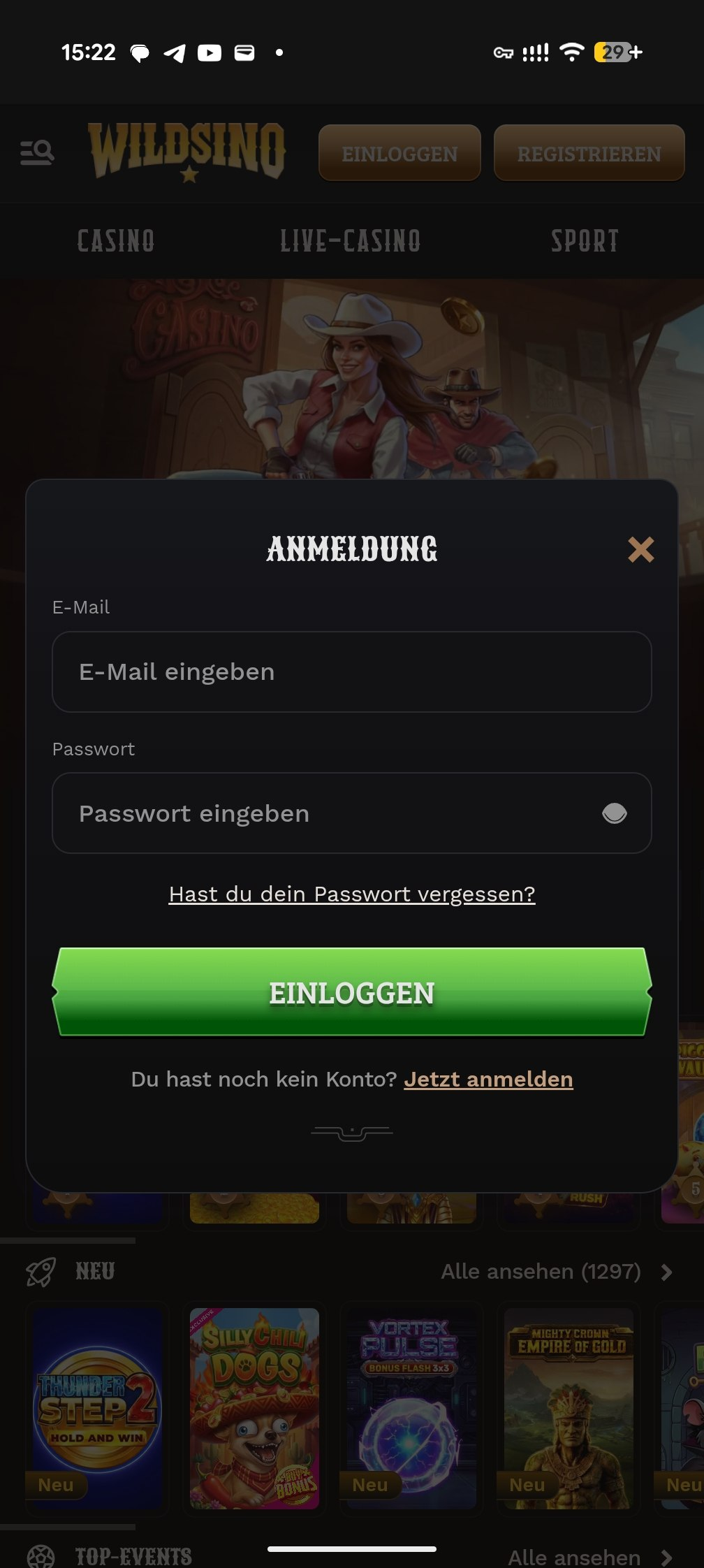 Wildsino-Anmeldung mit E-Mail, Passwort, Augensymbol und Link zur Passwortwiederherstellung