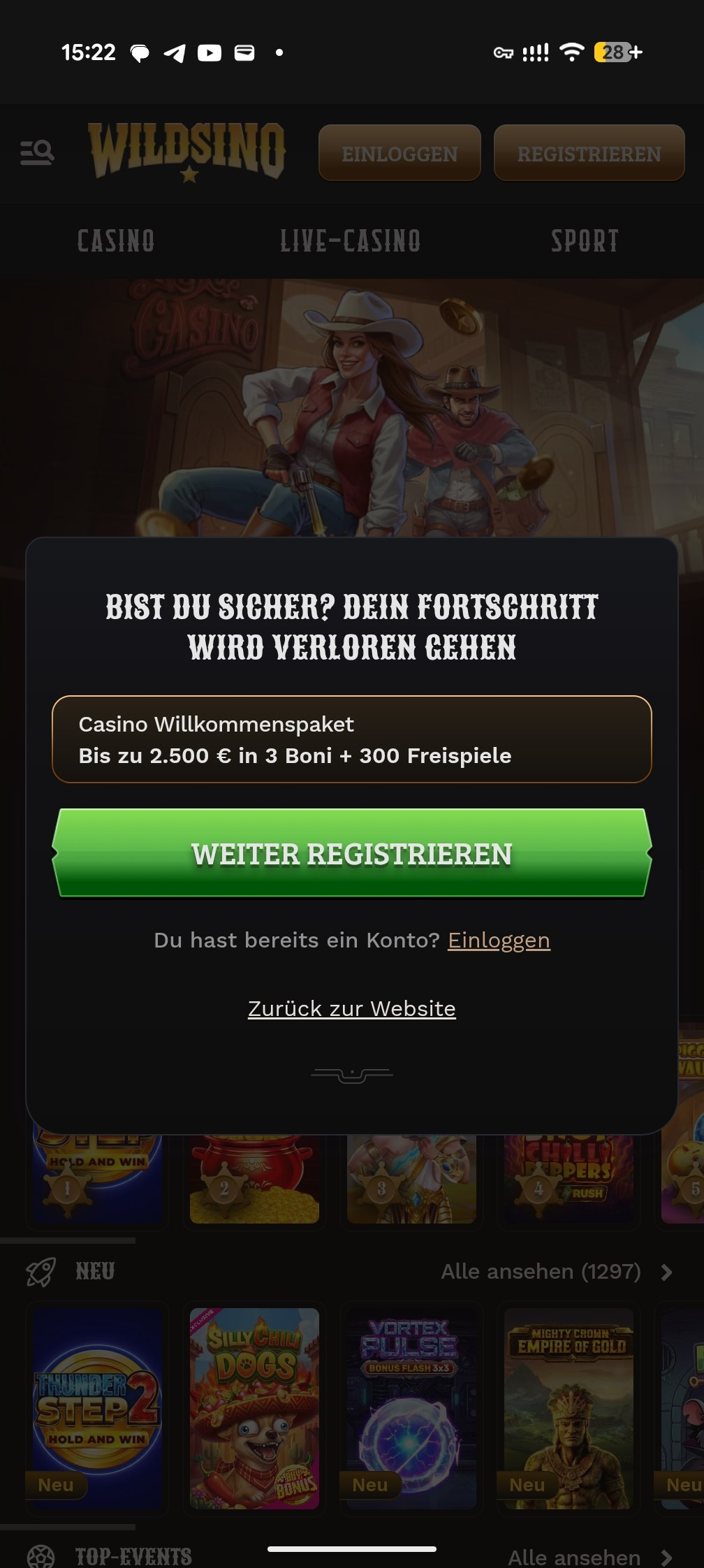 Dialog beim Verlassen der Registrierung mit den Optionen Weiter registrieren, Einloggen und Zurück zur Website